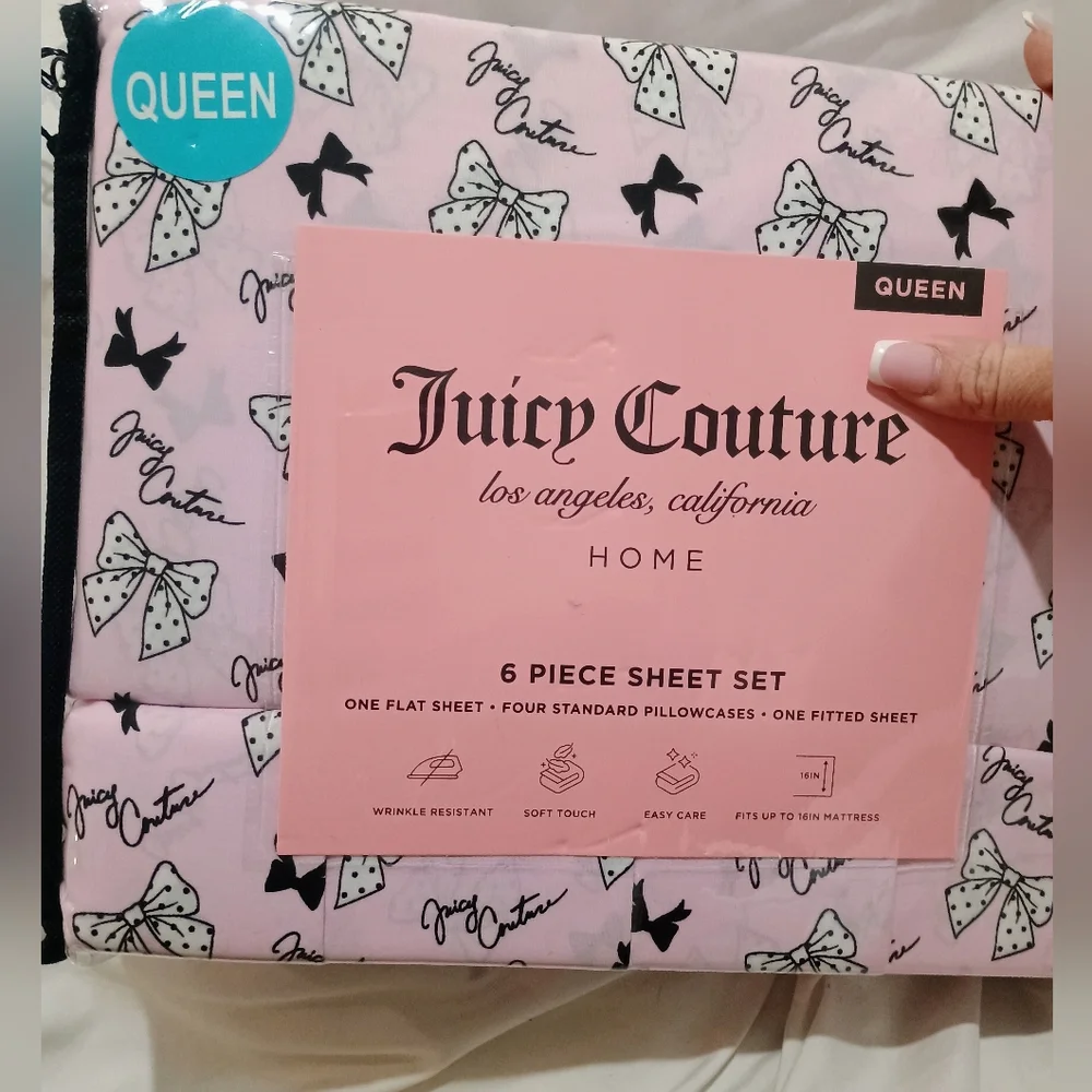 New Juicy Couture Pink/ Black Bow 6-Piece Sheet Set - Queen